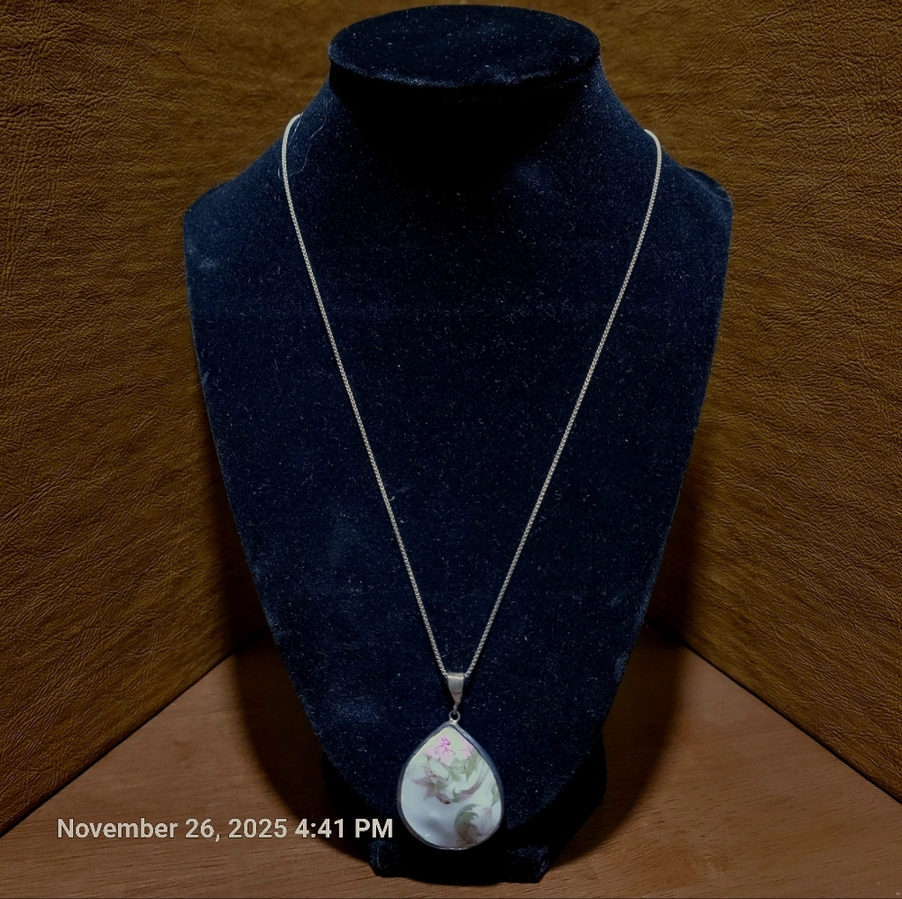 Elegant Porcelain Pendant Necklace With Sterling Silver Chain